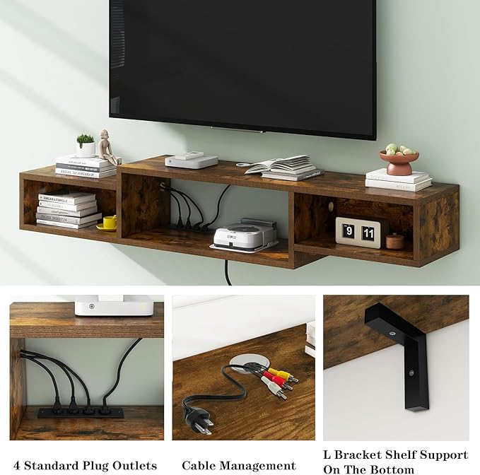 IBUYKE 59" Floating TV Stand Wall Mounted with Power Outlet,Wood Wall Mounted Media Console Shelf,Floating Entertainment Center for Under TV Storage for Living Room Bedroom Office,Rustic Brown WST007H