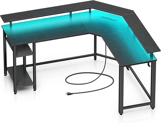 Rolanstar L Shaped Gaming Desk with LED Lights & Power Outlets, 46.2" Computer Desk with Full Monitor Stand & Storage Shelf, Corner Desk with Hooks, Black Desk Reversible