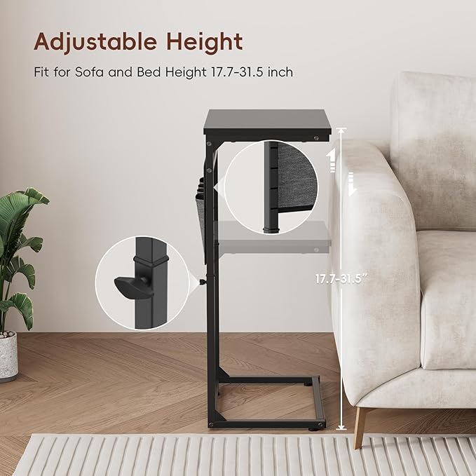 Vagusicc C Shaped End Table, 33'' Tall Side Table for Couch, Adjustable Height Small Couch Side Table for Small Spaces, Couch Table Slide Under Sofa Table TV Tray Table for Living Room Bedroom, Black