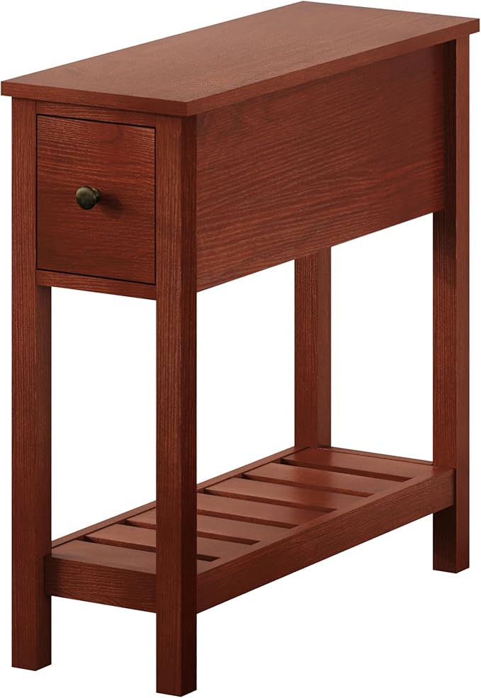 ChooChoo Narrow End Table, Small Side Table for Small Spaces, Slim End Table with Drawer, Narrow Nightstand Bedside Table for Living Room Bedroom, Cherry Brown, 2 Pack
