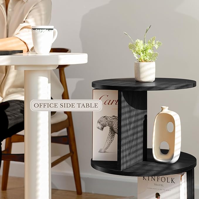 KAYMILY Living Room Side Table, Office Round Bookshelf End Table, Bedroom Mid Century Modern Nightstands, Contemporary Accent Tables - Easy Assembly - MDF Wood - Revolving - Black