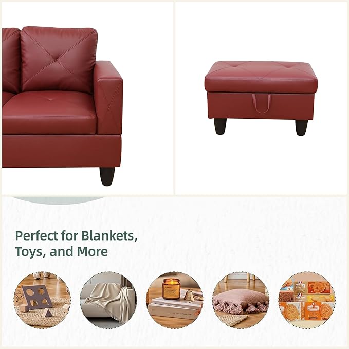 Leather Sectional Couch, Modern L Shaped Couches for Living Room, Comfy 4 Seat Modular Sectional Sofa with Ottoman Storage for Bedroom Apartment, Red