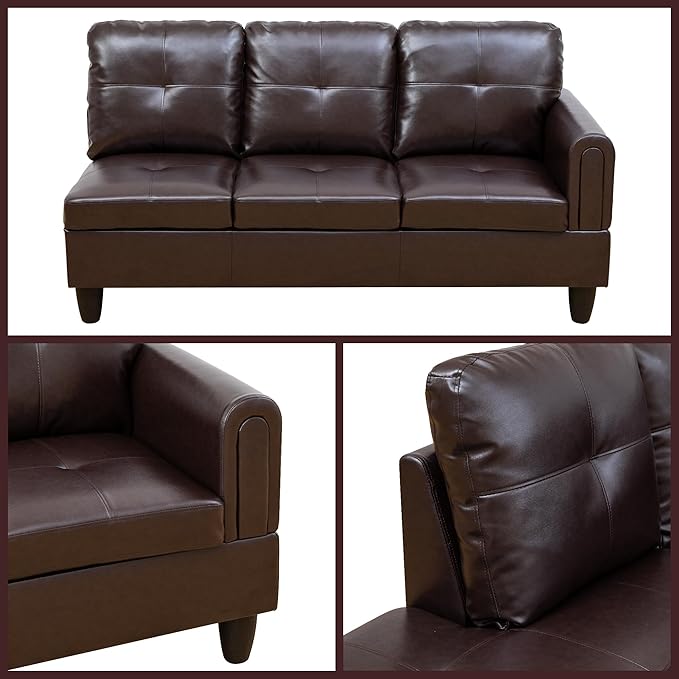 L Shaped Couch Sectional Couches with Chaise, 3 Pieces Modular Convertible Sofa for Living Room Furniture Sets and Small Apartment Faux Leathert, Brown