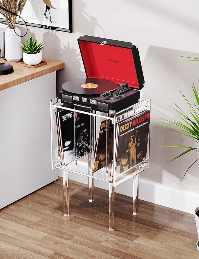 Acrylic Record Player Stand, with Vinyl Storage, Clear Acrylic Side Table (Clear)