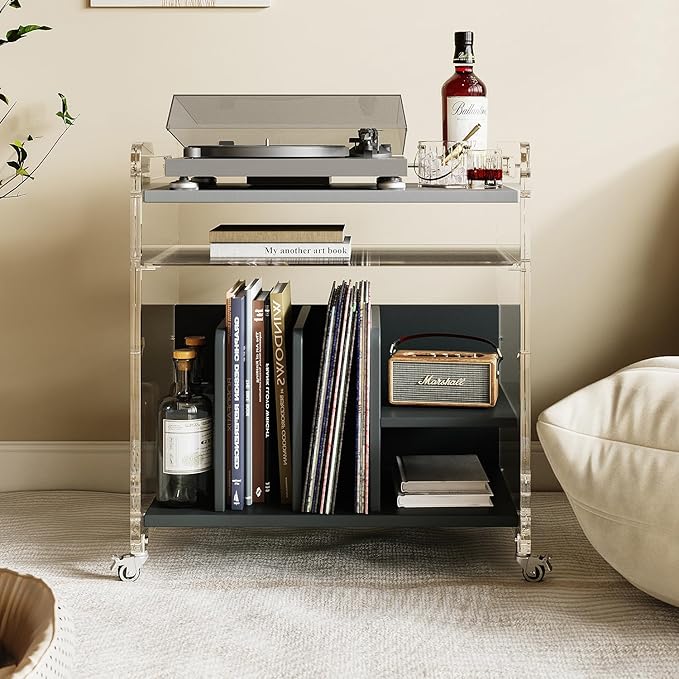 Acrylic Record Player Stand，Vinyl Storage Holder Cabinet with Wheels，Large Turntable Stand with Shelf,Coffe Table Movable End Table Nightstand Stereo Cabinet for Living Room Bedroom Office