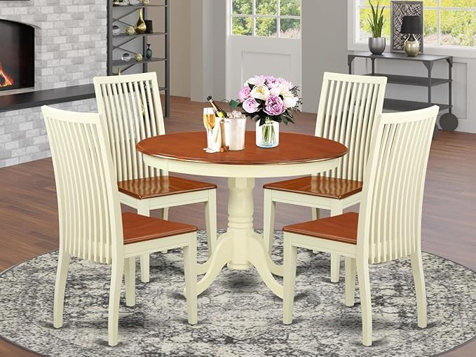 East West Furniture HLIP5-BMK-W 5 Piece Dining Room Furniture Set Includes a Round Kitchen Table with Pedestal and 4 Dining Chairs, 42x42 Inch, Buttermilk & Cherry