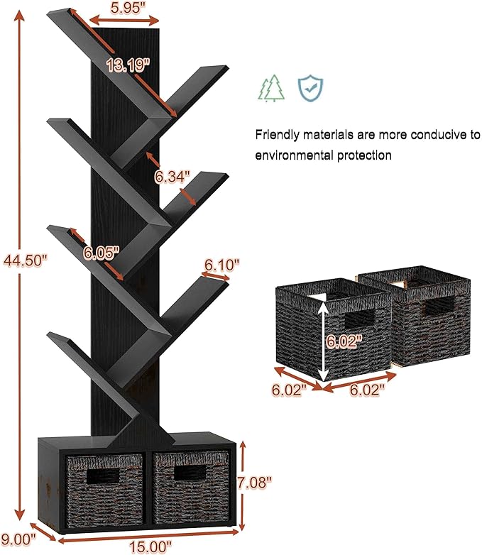 Vagusicc Tree Bookshelf, 6 Tier Bookshelf with Storage, Tall Narrow Bookcase, Rustic Wood Book Storage Rack for CDs/Books, Small Book Organizer Shelves for Bedroom, Living Room, Home Office, Black
