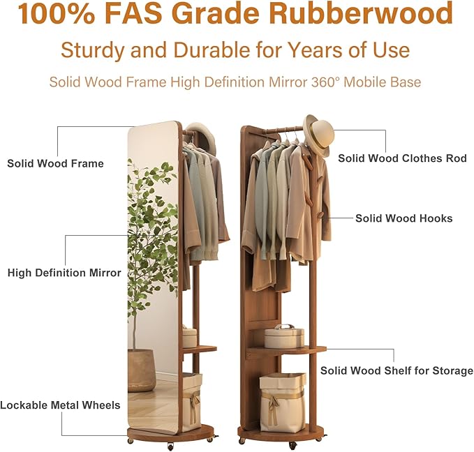 70"x16"Full Length Mirror with Stand,Coat Rack with Mirror,Solid Wood Floor Mirror,Swivel Mirrorfor Bedroom, Living Room, Cloakroom