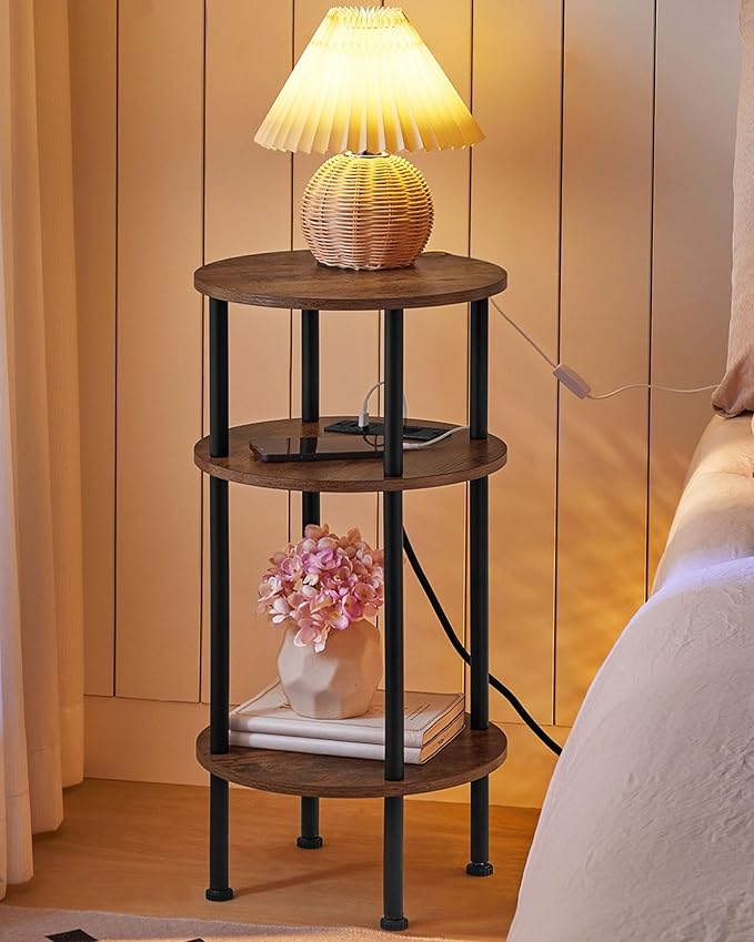 Round Side Table with Charging Station, Small Round End Table, 3-Tier Sofa Side Tables for Small Spaces, Nightstand for Living Room, Bedroom, Rustic Brown and Black TBZ06UBF
