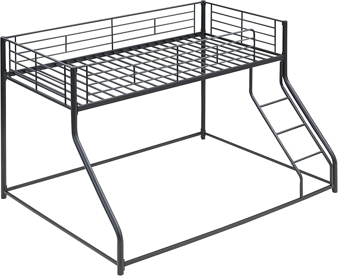 Twin XL Over Queen Metal Floor Bunk Bed with Sloping Stairs and Safety Guardrails for Bedroom,Guest Rooms, No Box Spring Needed, Simple to Assemble,Black