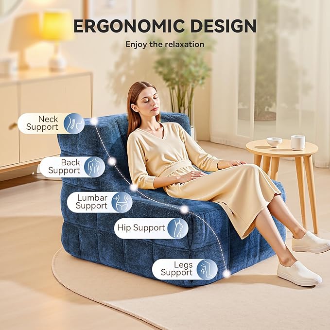 Bean Bag Chair, Soft Chenille Pre-Filled Lazy Chair Floor Sofa Bean Bag Chair for Adults and Teens, Accent Chair for Living Room Bedroom Apartment (Dark Blue)