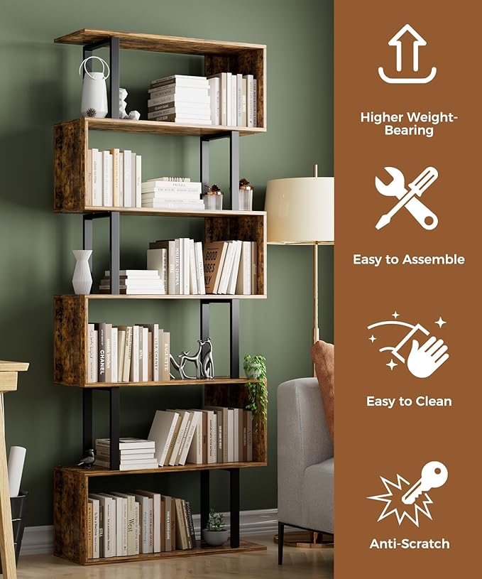 Gadroad 6 Tier Geometric Bookcase,S Shaped Bookshelf, Wood Decorative Storage Shelving, Modern Freestanding Display Shelves, Tall Book Shelf Unit for Living Room Bedroom, Rustic Brown