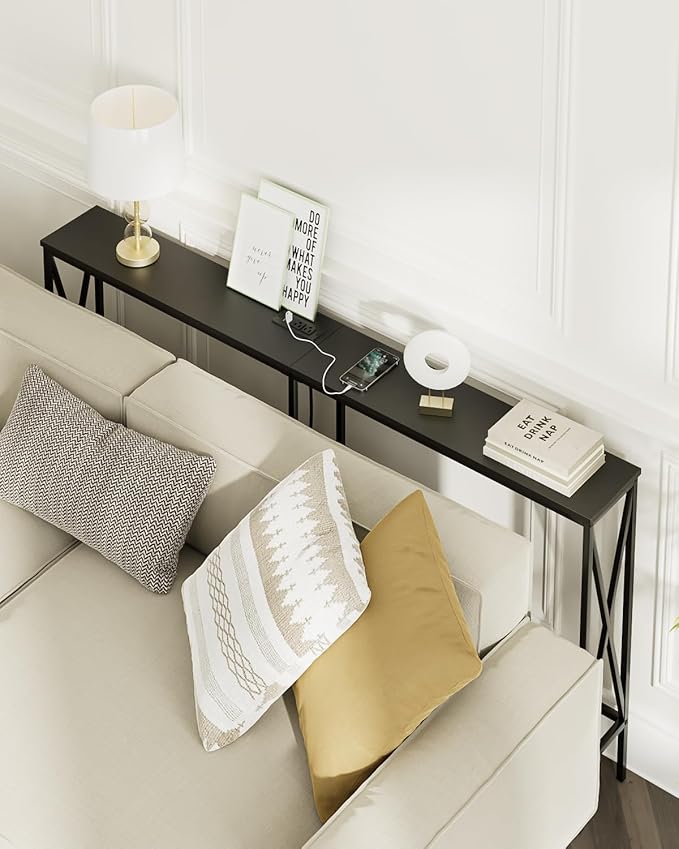 Masupu 63" Console Table with Power Outlet, Modern Narrow Long Sofa Table Behind Couch, Skinny Entry Table, Industrial Sofa Table with Metal Frame for Hallway, Living Room, Classic Black