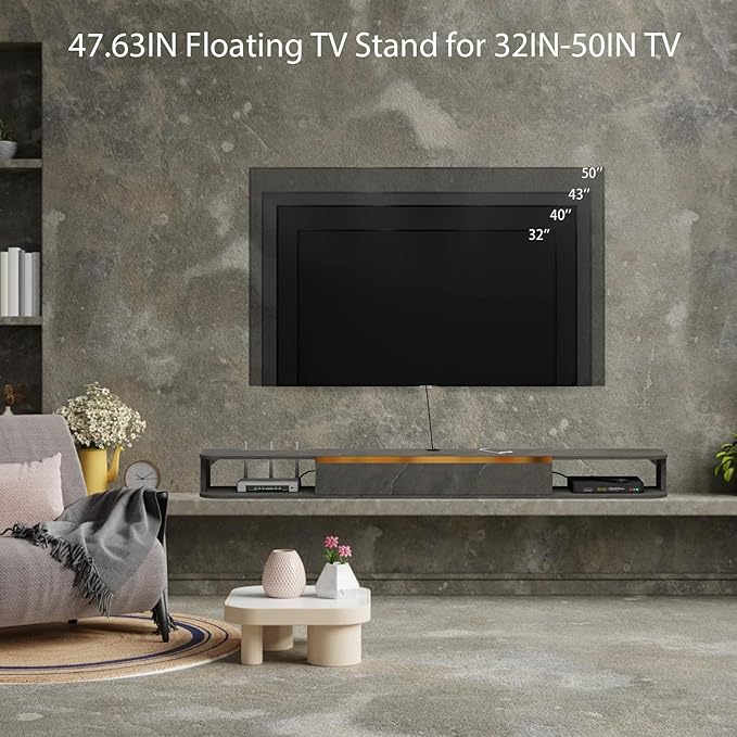 Floating TV Stand, 47'' Wall Mounted Entertainment Center TV Media Console, Floating Shelves with Door, Floating TV Cabinet Large Storage TV Bench for Living Room (Dark Grey, 47.63IN)