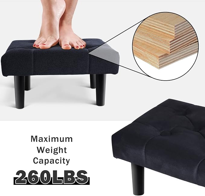 HOUCHICS Small Footstool Ottoman,Velvet Soft Footrest Ottoman with Wood Legs,Sofa Footrest Extra Seating for Living Room Entryway Office(Black 2PACK)