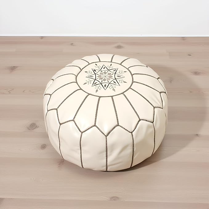 Stuffed Round Design Moroccan Leather Pouf Ottoman, Handmade, Pre-Filled, 100% Genuine Leather, 13” Height x 20” Diameter, Footstool & Living Room Décor (White with Grey Stitches)