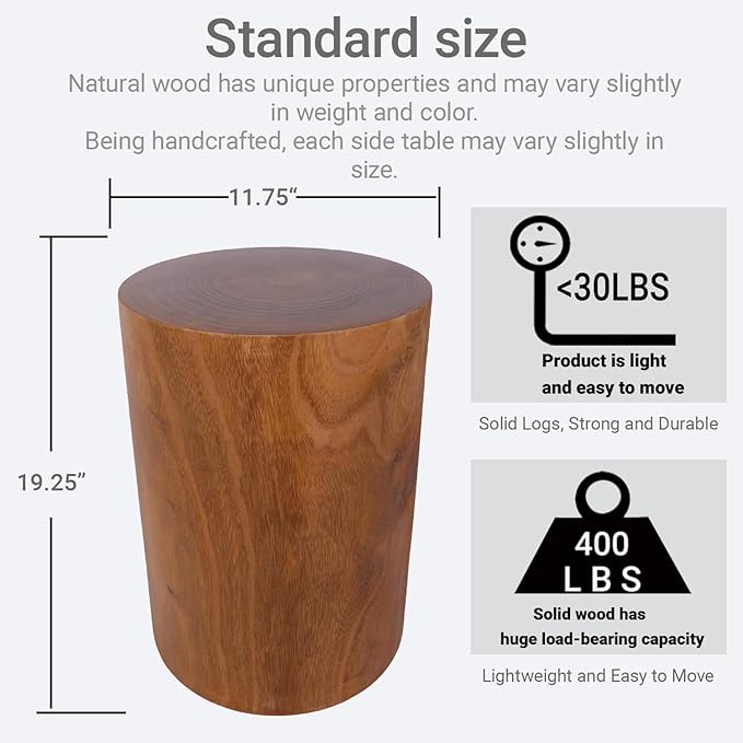 Athaliah Wooden Tree Stump End Table, 15.75" Paulownia Wood Hand Carved Rustic Wood Side Table, Wood Stump for Plant Stand Decor Nightstands Stool Indoor Outdoor