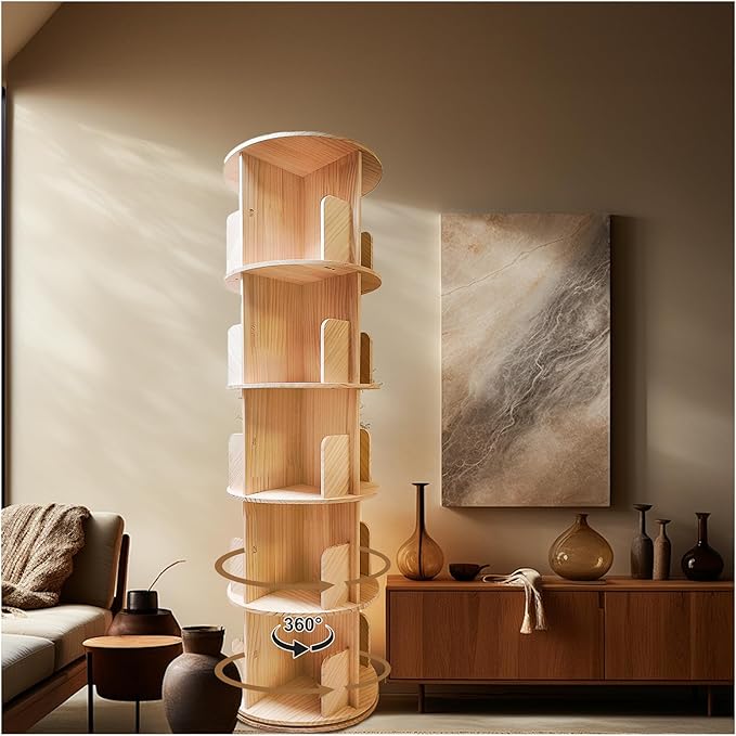 Rotating Bookshelf,360 Display Round 5 Tier Floor Standing Bookcase Storage Rack,Wood Spinning Bookshelf Tower for Bedroom,Living Room