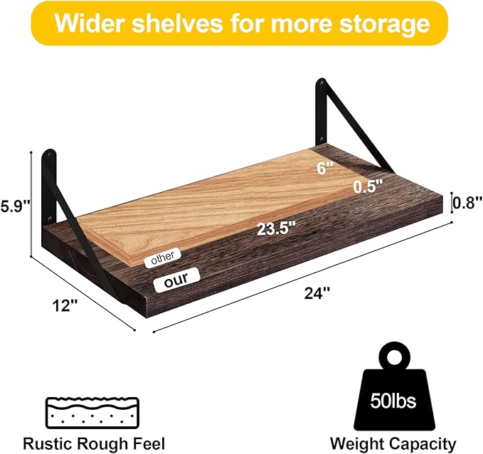 SAUMONIERES Floating Shelves Wall Bookshelf for Bedroom Bathroom Living Room Wood Wall Mounted Wide Deep Storage, Rustic Brown 24 Inch Wall Shelves Set of 2