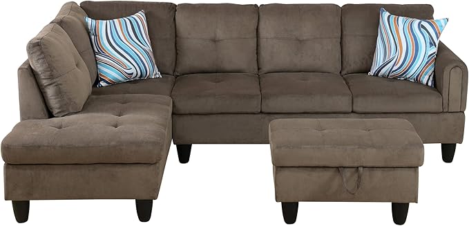 NicBex Sectional Couch 3 Pieces Sofa Set with Right Chaise Pineapple Velvet L Shaped Cloud Couch for Living Room Furniture Sets with Storage Ottoman, Modular Sofa for Living Room & Apartment, Walnut