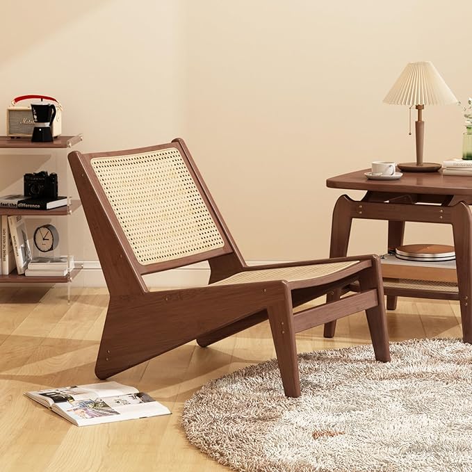 Rattan Chair 2Pcs, Mid-Century Accent Chair, Rattan Lounge Chair for Living Room, Boho Side Corner Comfy Chair for Bedroom and Balcony, Walnut