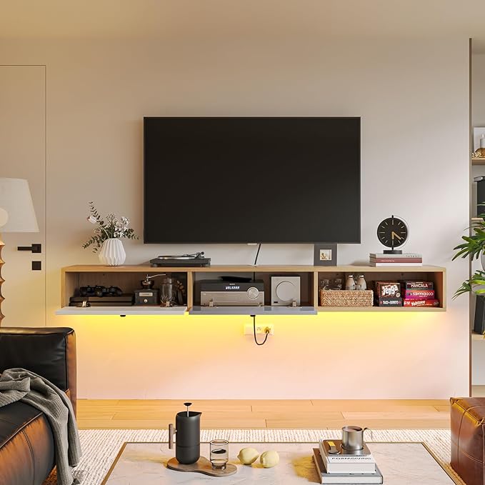 Modern Floating TV Stand with Doors, 47 Inch Wall Mounted TV Console,Floating Media Console Cabinet Under TV Shelf for Living Room Bedroom,Natural