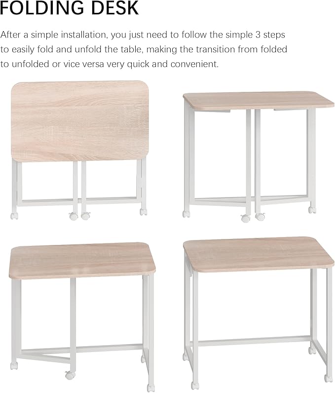 JSB Small Folding Computer Desk with Storage Bag and Hook Writing Modern Industrial Work Table Laptop for Home Office White (Natural & White, 27.6")