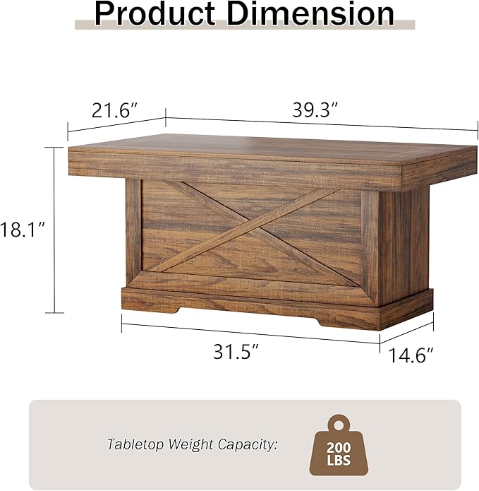 Coffee Table 39 in Rustic Center Table with X-Design Wooden Pedestal for Living Room, Space Saving, Easy Assembly Rectangle Home Office Tea Accent Table for Dining Room Apartment, Walnut