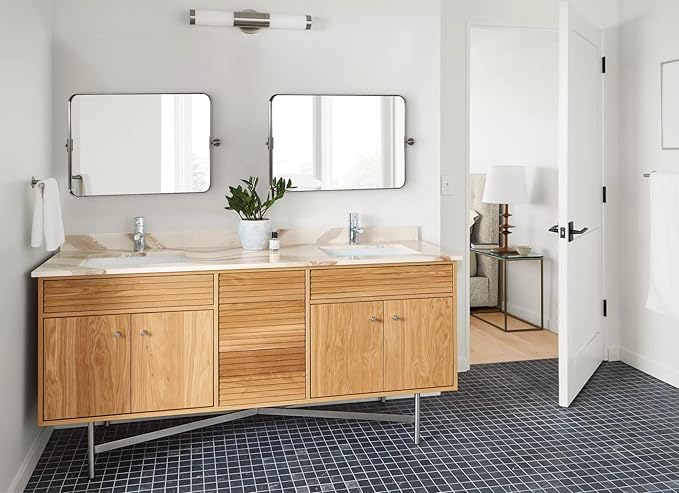 MOON MIRROR 36" x 24" Brushed Nickel Rectangle Bathroom Mirror, Tilting Rounded Rectangular Metal Framed Pivot Wall Mirror, Hangs Horizontally Only(Overall 39.75" x 22")