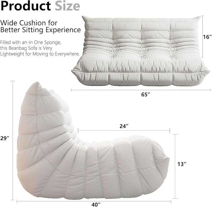 Bean Bag Chairs for Adults, BeanBag Reading Chair Memory Foam Couch 3-Seater, Floor Chair Soft Teddy Material, Comfy Reading Nook Chairs for Bedroom Living Room Office (White)