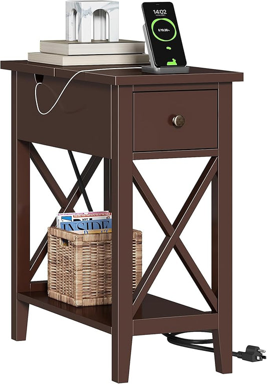 ChooChoo End Table with Charging Station, Narrow Side Table with USB Ports and Outlets, Nightstand with Drawer, for Small Spaces, Bedside Tables for Living Room Espresso