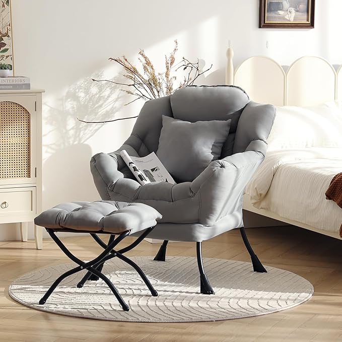 Lazy Chair with Ottoman, Modern Large Accent Lounge Chair with a Pillow, Leisure Sofa Armchair with Ottoman, Reading Chair with Footrest for Bedroom, Living Room, Dorm Room,Peach Light Gray