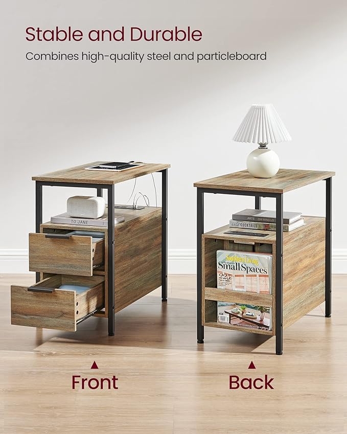 VASAGLE Side Table with Charging Station, Narrow End Table with 2 Drawers, Slim Nightstand and Bedside Table with Storage, for Small Spaces, Oak with Blue Grains and Black ULET321B60