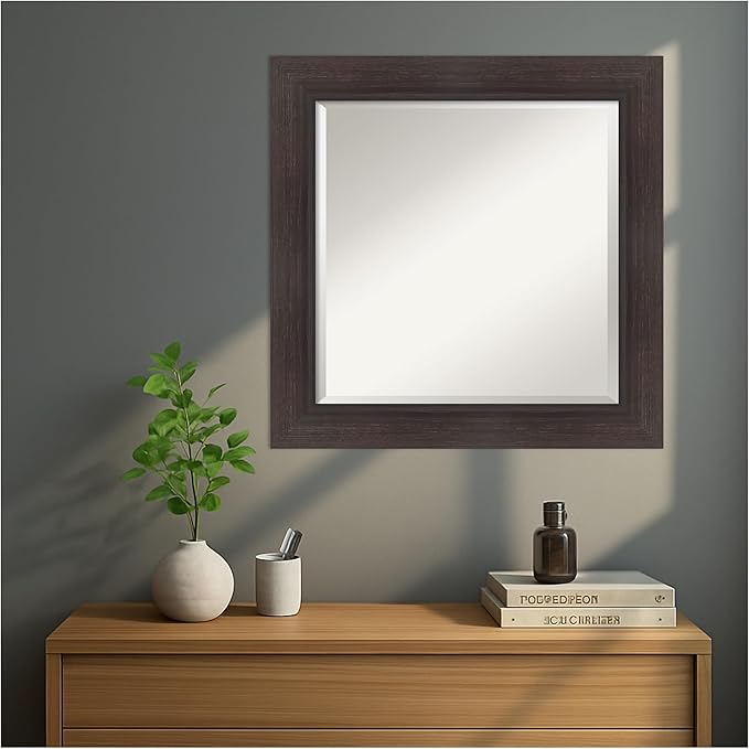 Amanti Art Brown Wall Mirror 26x26 Sloped Espresso Square Bathroom Mirror for Wall Decor Living Room, Medium Modern Contemporary Frame, Hangs Horizonally and Vertically, Bathroom Decor, Beveled Edge