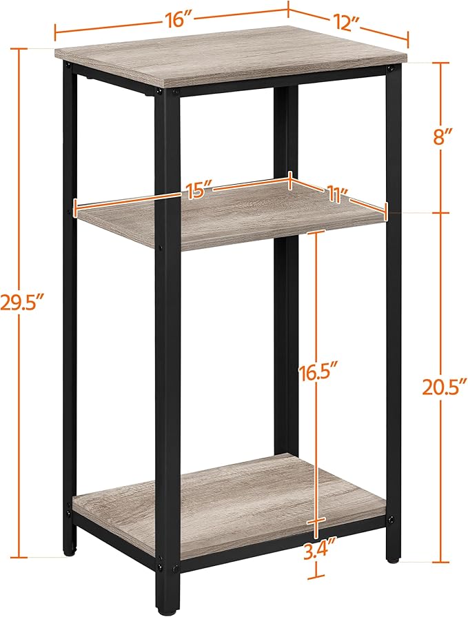 Yaheetech 30 in Tall End Table, 3-Tier with Strong Wooden Shelves, Small Side Table with Metal Frame for Living Room Office, Small Places, Gray