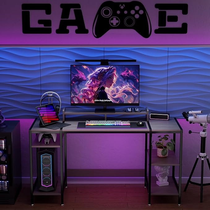 Computer Gaming Desk with Monitor Stand, Home Office Desk Suitable for 2 Monitors, Writing Desk with Adjustable Storage Space,Sturdy and Durable Modern Small Desk (Grey, 55 inchs)