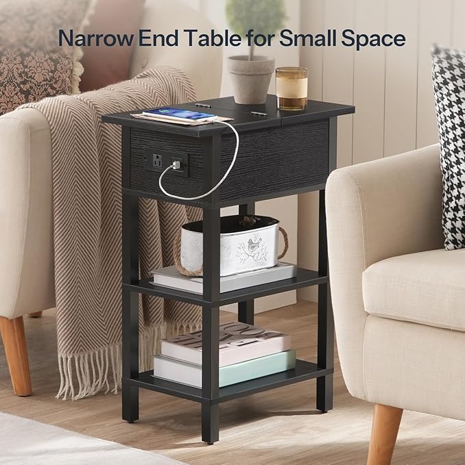 HOOBRO End Table with Charging Station, Flip Top Side Table with USB Ports, Narrow Nightstand Bedside Tables with Storage Shelves, for Small Space, Living Room, Black BK141UBZ01