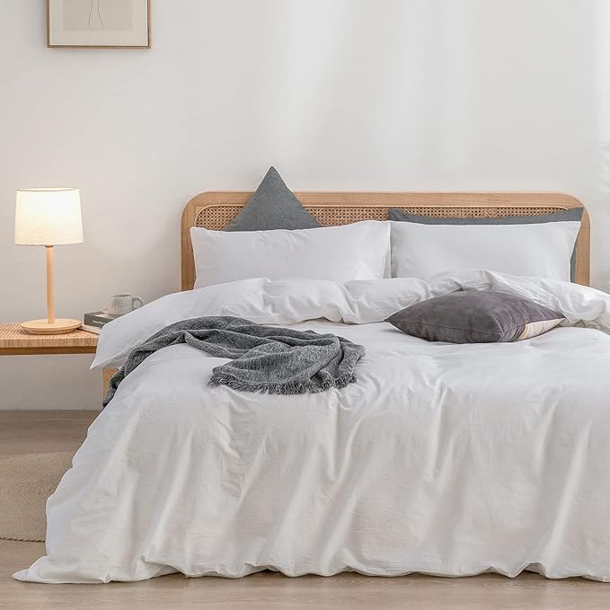 BESTOUCH Duvet Cover Set 100% Washed Cotton Linen Feel Super Soft Comfortable Chic Lightweight 3 PCs Home Bedding Set Solid Bright White Super Queen