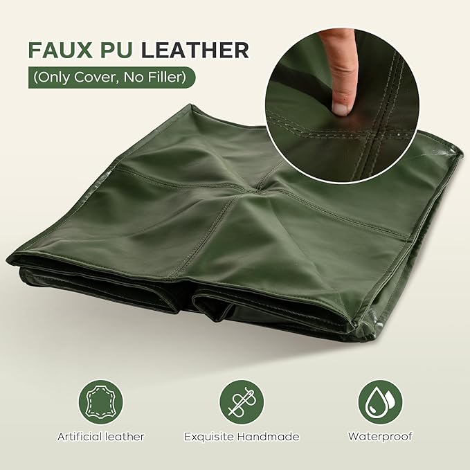 Unstuffed Pouf Cover (Only Cover, No Filler), 17.7" Faux Leather Poofy Ottoman Cover, Square Footstool For Storage Living Room Decoration Foot Rest, Footrest for Bedroom Balcony Office Chair, Green