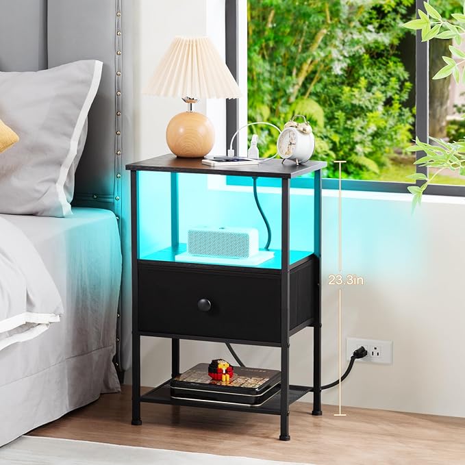 Night Stand Set 2, LED Nightstand with Charging Station, End Tables Living Room with Fabric Drawer, Small Side Tables for Bedroom, Small Space, Black, HETS01BK