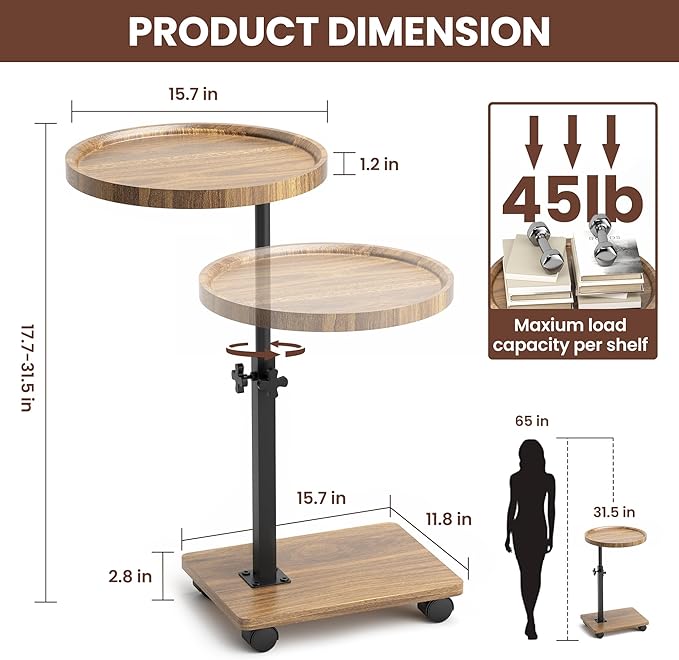 PPAMAPIC C Shaped End Table Adjustable Height, 360°Swivel TV Tray Table for Small Spaces, Side Table for Living Room, Couch Tables That Slide Under for Sofa Bed Chair