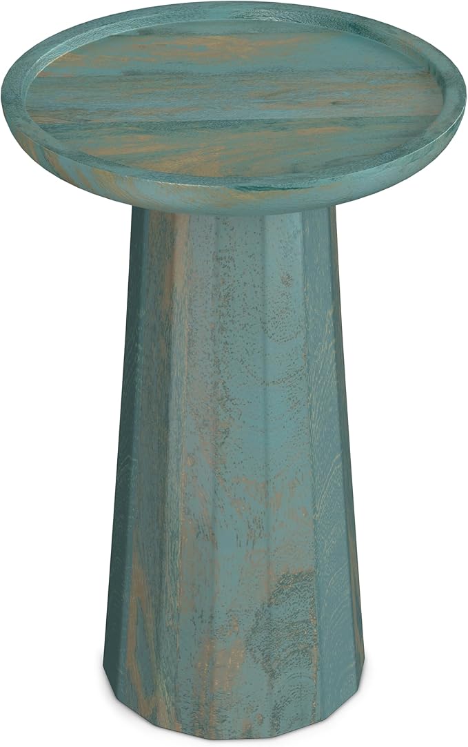 SIMPLIHOME Dayton Solid Mango Wood 13 inch Wide Round Contemporary Wooden Accent Table in Teal Wash, Fully Assembled for The Living Room and Bedroom