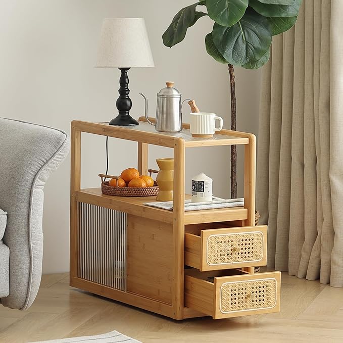 Rattan Nightstand Side Table with Storage, Bamboo Nightstand Bedside Table, Glass Mid Century Modern End Tables for Small Spaces, Living Room, Bedroom，Wood