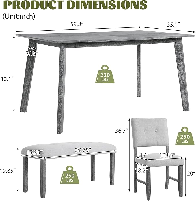 Merax 6 Piece Solid Wood Dining Table Set for 6, Rustic Farmhouse Rectangular with 4 Upholstered Wooden Chairs and 1 Bench, Kitchen Room, Gray