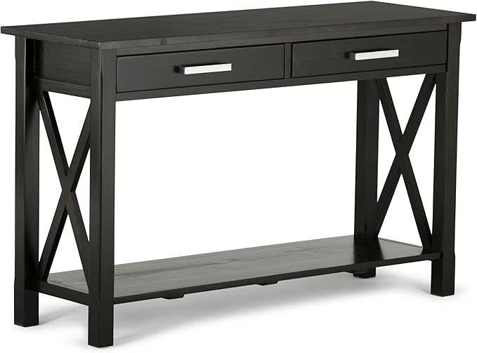 SIMPLIHOME Kitchener Console Table - 47 Inch Wide Solid Wood Sofa Table in Hickory Brown, Contemporary Storage Table for Entryway or Living Room with 2 Drawers, Bottom Shelf, and X-Design Side Panels