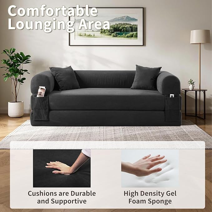 80" Convertible Sofa Bed, Corduroy Deep Seat Folding Pull Out Couch with Pillows, No Assembly Modern Boneless Couch Compression Sofa in Box, Floor Sofa with Storage Pocket for Living Room,Dark Grey