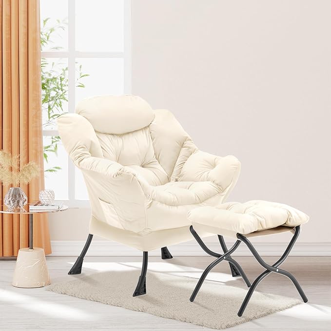 Lazy Chair with Folding Ottoman, Accent Chair Velvet Upholstered with Metal Structure and Non-Slip Pads, Sofa Armchair with Footrest and Side Storage Bag for Dorm, Room, Office, Beige
