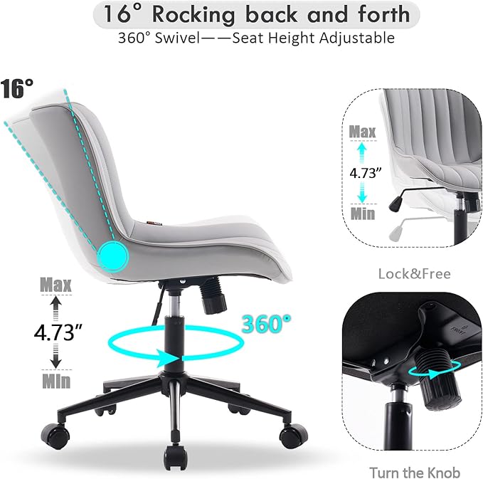 YOUNIKE Grey Home Office Desk Chair with Wheels Ergonomic Comfy Armless Vanity Chair with Back Modern Leather Upholstered Rolling Task Chair Small Cute Computer Drafting Sewing Chair Swivel Adjustable