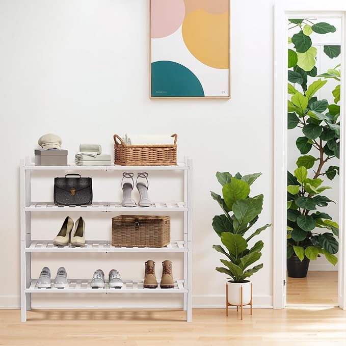Haddockway 4 Tier Bamboo Shoe Rack Storage Organizer, Multifunctional Free Standing Stackable Shoe Shelf with Grid Panel for Closet,Hallway,Entryway,Small Space 27"x11"x26" (White, 4 Tier)