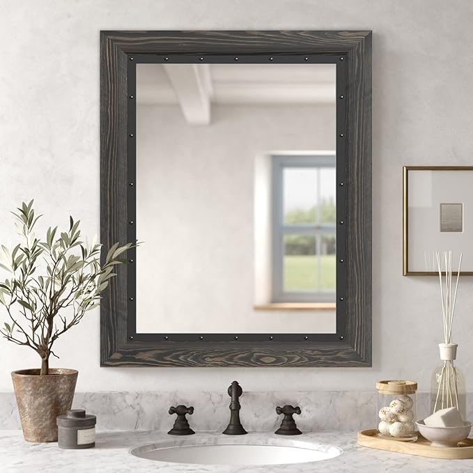 YOSHOOT Rustic Wooden Framed Wall Mirror, 40x30 Inch, Natural Wood and Iron Bathroom Vanity Mirror for Farmhouse Decor, Vertical or Horizontal Hanging